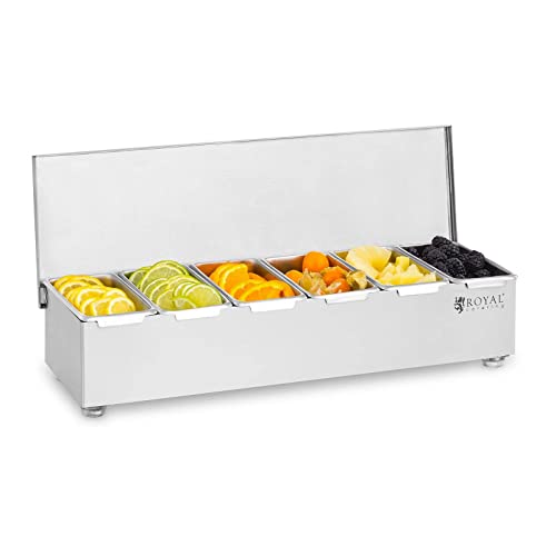 Royal Catering Zutatenbehälter Beilagenbehälter RCCBS 5 (Edelstahl, 6 Behälter, Fassungsvermögen je Behälter: 450 ml, Abdeckung aus Edelstahl, 45,2 x 15 x 8,8 cm) von Royal Catering