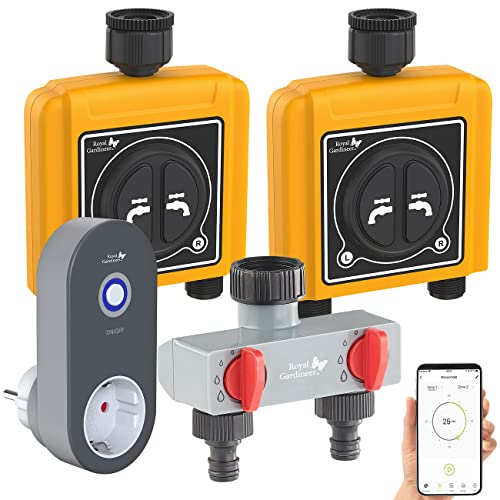 Royal Gardineer Bewässerungsautomat: WLAN-Bewässerungscomputer mit 2 Dual-Ventilen, 2-fach-Wasserverteiler (Bewässerung Systeme automatisch, Durchfluss Messgerät, Gartenschlauch) von Royal Gardineer