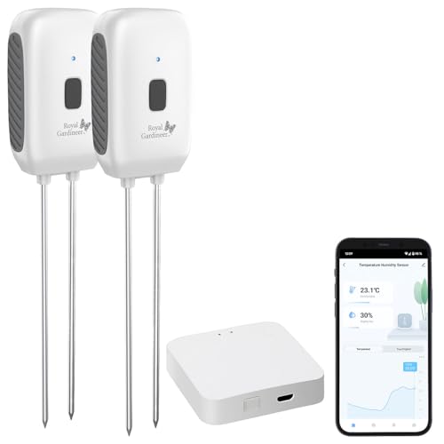 Royal Gardineer Bodenfeuchtemesser: 2er-Set Boden-Feuchtigkeits-&Temperatur-Sensoren mit WLAN-Gateway, App (Temperatur-Feuchtigkeitstester, Bodensensor Smart, Gewächshaus) von Royal Gardineer