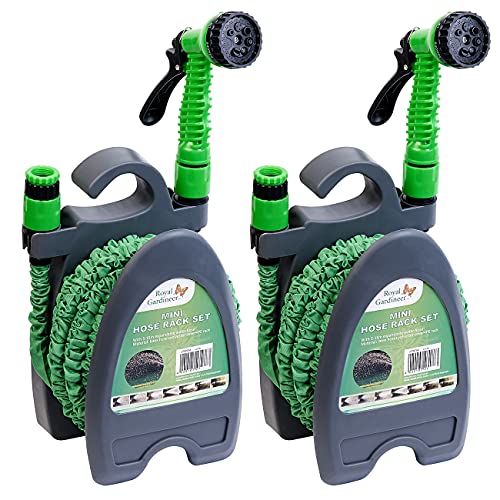 Royal Gardineer Flexibler Gartenschlauch: 2er-Set Dehnbare Gartenschläuche mit Brause und Wandhalter, 5-15 m (Flex-Schlauch, Wasserschlauch Komplettset, Bewässerung) von Royal Gardineer