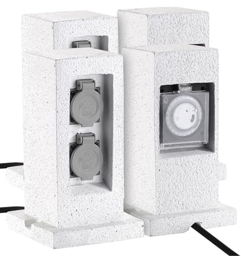 Royal Gardineer Outdoorsteckdosen: 4er-Set 2fach-Garten-Steckdose in Stein-Optik, mit Zeitschaltuhr, IP44 (Steinsteckdosen Garten, Steckdosen Steinoptik) von Royal Gardineer