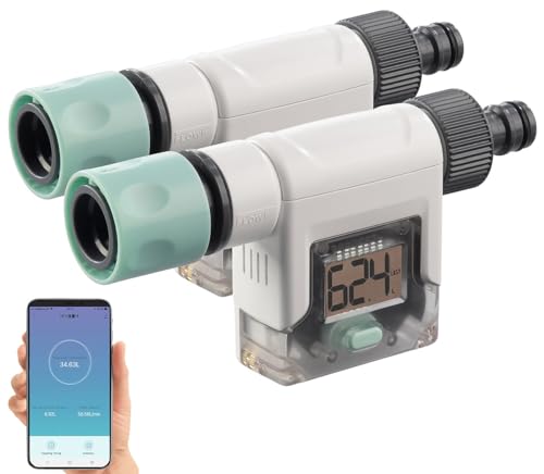 Royal Gardineer Garten-Durchflussmesser: 2er-Set Smart-Wasserzähler für Gartenschlauch, Display, Bluetooth, App (Waschmaschine-Wasserzähler, Wassermengen-Messer, Bewässerung) von Royal Gardineer
