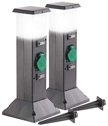 Royal Gardineer Energiesäule Garten: 2er-Set 2-fach-Garten-Steckdosen mit Beleuchtung, IP44 (Energiesäule Garten mit Licht, Energiesäule Garten mit Schalter, Wegeleuchten) von Royal Gardineer