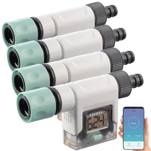 Royal Gardineer Garten-Wasser-Zähler: 4er-Set Smart-Wasserzähler für Gartenschlauch, Display, Bluetooth, App (Wassermesser, Wasserverbrauch-Messgeräte) von Royal Gardineer