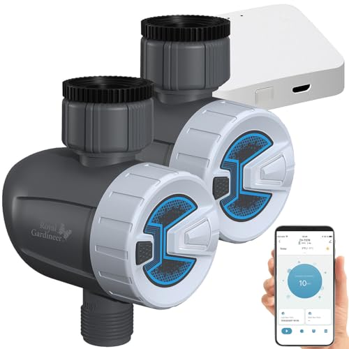 Royal Gardineer Bewässerungssteuerung: 2 smarte programmierbare Bewässerungscomputer mit WLAN-Gateway & App (Bewässerungscomputer Bluetooth, App Steuerung, Feuchtigkeitsmesser) von Royal Gardineer