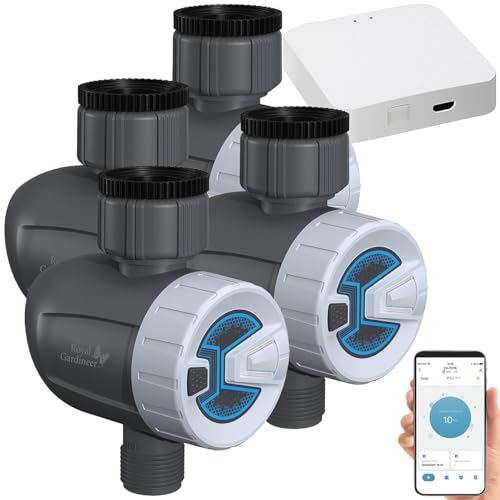 Royal Gardineer Smarthome Controller: 4 smarte programmierbare Bewässerungscomputer mit WLAN-Gateway & App (Smarthome-Zentrale, Netzwerk Verbinder, Feuchtigkeitsmesser) von Royal Gardineer