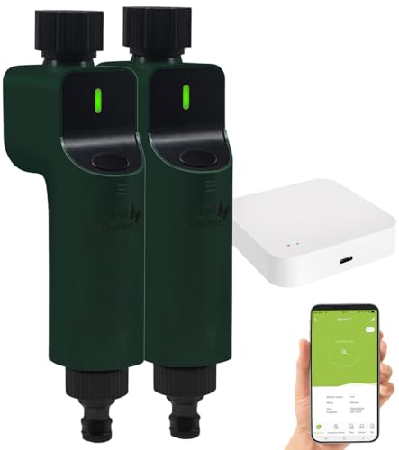 Royal Gardineer Kaltwasser Zähler: 2 Bewässerungsventile mit Sprach-Steuerung inklusive ZigBee-Gateway (Smarthome Wasserzeitschaltuhr, Regner mit ZigBee-WLAN-Gateway, Bewässerungscomputer) von Royal Gardineer