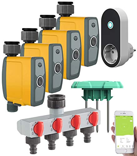 Royal Gardineer Wasserventil: WLAN-Bewässerungscomputer, 4-Wege-Verteiler, Feuchtigkeitssensor, App (Bewässerungsanlage, Bewässerung Computer WLAN, Gartenschlauch) von Royal Gardineer