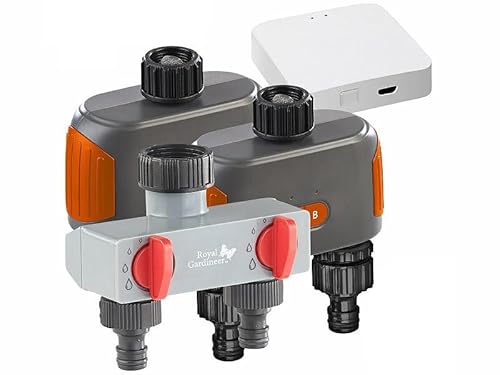 Royal Gardineer Dual Bewässerung: 2er-Set WLAN-Bewässerungscomputer mit Dual-Ventil, 2-Fach-Verteiler (Bewässerungscomputer WLAN App, Doppel-Ventil Bewässerung, Pflanzen Sensor) von Royal Gardineer