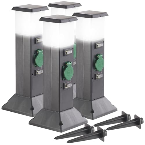 Royal Gardineer Außensteckdose mit Licht: 4-fach-Garten-Steckdose mit Beleuchtung, Spritzwasserschutz IP44 (Gartensteckdose mit Lampe, Gartenleuchten mit Steckdosen, Rasenmäher) von Royal Gardineer