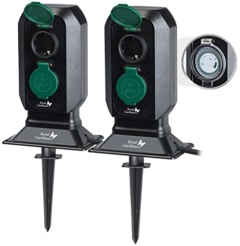 Royal Gardineer Timer Steckdose aussen: 2er-Set 2-fach-Garten-Steckdose mit Zeitschaltuhr, bis 3.680 Watt, IP4 (Outdoor Steckdose Zeitschaltuhr, Garten-Steckdose mit Timer, Verlängerungskabel) von Royal Gardineer