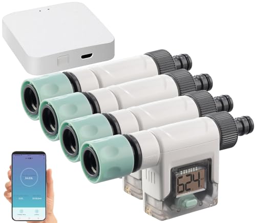 Royal Gardineer Wasserzähler Garten: 4er-Set smarte Wasserzähler für Gartenschlauch, mit WLAN-Gateway & App (WLAN-Gateway Bluetooth, App, Waschmaschine) von Royal Gardineer