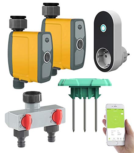 Royal Gardineer WLAN Wasserhahn: WLAN-Bewässerungscomputer, 2-Wege-Verteiler, Feuchtigkeitssensor, App (WiFi Wasserhahn, Zeitschaltuhr, Gartenschlauch) von Royal Gardineer