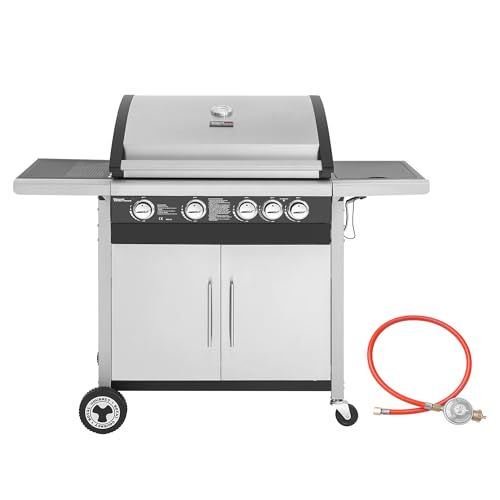 Royal Gourmet 4+1 Brenner Gasgrill Grillwagen mit Unterschrank, Edelstahlbrenner mit 14,5 kW und automatischer Zündung Campinggrill mit Seitenbrenner Silber von Royal Gourmet