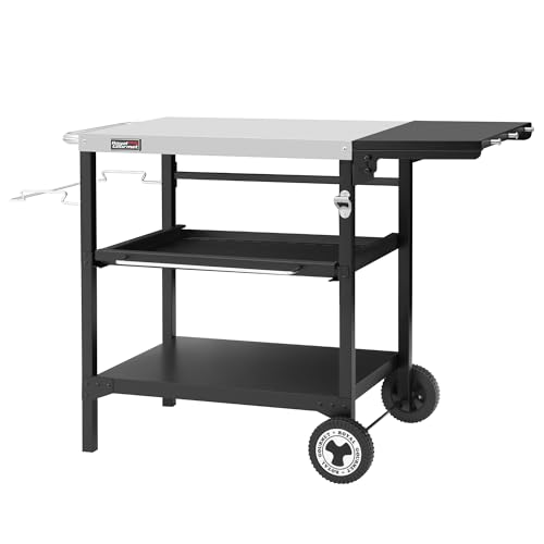 Royal Gourmet Outdoor Grilltisch, 3-Etagen Servierwagen mit 70 x 50 cm Edelstahl Tischplatte und 30 x 50 cm klappbarer Seitenablage, Beistelltisch Grillablagetisch Garten Trolley mit Push-Pull Regal von Royal Gourmet