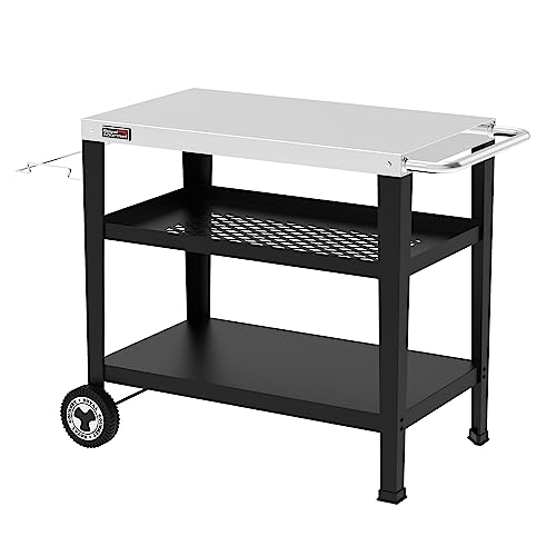 Royal Gourmet Servierwagen 3-Etagen mit Müllsackhalter Küchenwagen Edelstahl Beistelltisch Outdoor Plancha Grilltisch Rollwagen Trolley Silber Arbeitsplatte 85 x 50cm von Royal Gourmet