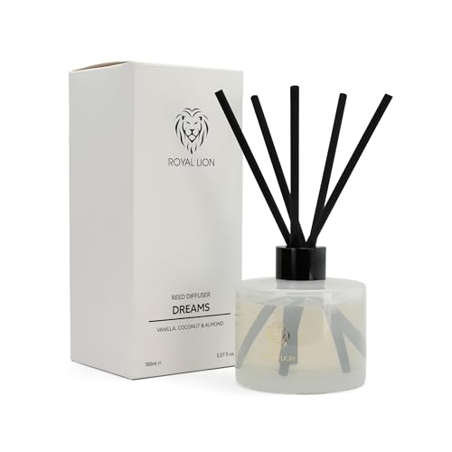 Reed Diffuser 150ml - Duftstäbchen - Raumdüfte für echte Wohlfühlmomente für Zuhause, Büro, SPA, Aromatherapie - Handgemachter Raumduft Diffuser mit Vanille, Kokos & Mandel Duft (Dreams) von Royal Lion