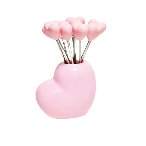 10-teiliges Set, Kreatives Edelstahl-Kunststoff-Obstdekorationsglas, Obstgabel-Stick, Schönes Obstgabel-Geschenk (Schräge rosa Liebe) von Royal Shang Youpin