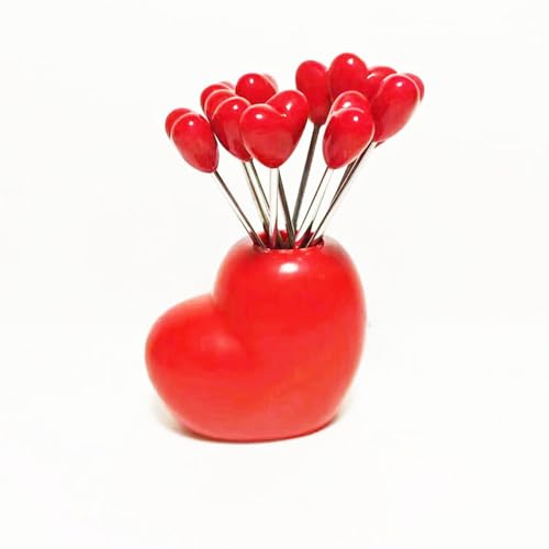 10-teiliges Set, Kreatives Edelstahl-Kunststoff-Obstdekorationsglas, Obstgabel-Stick, Schönes Obstgabel-Geschenk (Schräge rote Liebe) von Royal Shang Youpin
