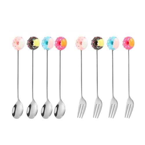 5,5 in Mini Nette Cartoon Edelstahl Kaffee Dessert Löffel Kinder Löffel Obst Gabel Dessert Kuchen Gabel Teelöffel (Donuts 8 Stück,Silber) von Royal Shang Youpin
