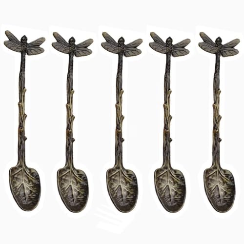 5-teiliger Vintage-Wald-Stil, Libellenzweig, Blattgriff, 10 Cm, Kleiner Löffel, Kaffeelöffel, Dessertlöffel (Cyan) von Royal Shang Youpin