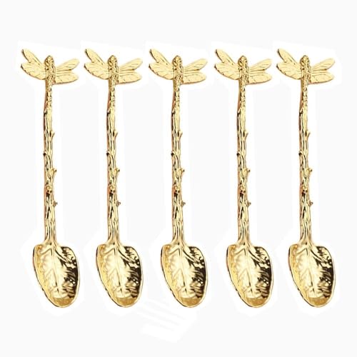 5-teiliger Vintage-Wald-Stil, Libellenzweig, Blattgriff, 10 Cm, Kleiner Löffel, Kaffeelöffel, Dessertlöffel (Gold) von Royal Shang Youpin
