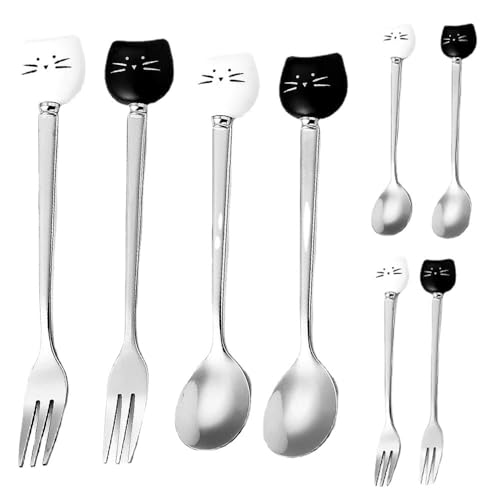 8 Stücke Mini Kreative Einfache Katze 5,7 Zoll Edelstahl Keramikgriff Löffel Obstgabel Eislöffel Teelöffel Dessertlöffel Gabel Suppenlöffel Kaffeelöffel (Vermanschen,8 Stück) von Royal Shang Youpin