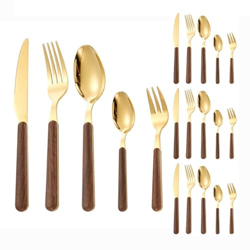 Royal Shang Youpin Holzgriff Küche Edelstahl Besteck Geschirr Besteck Besteck 5-teiliges Set Steakmesser Gabel Löffel Teelöffel (Gold,20 Stück) von Royal Shang Youpin