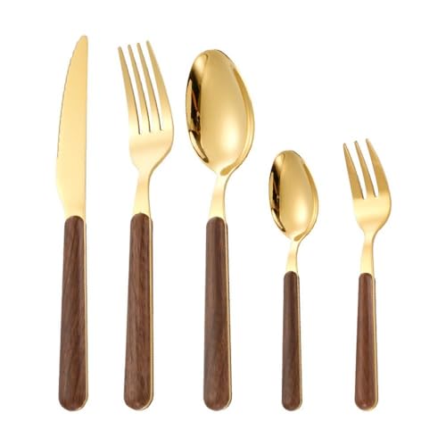 Royal Shang Youpin Holzgriff Küche Edelstahl Besteck Geschirr Besteck Besteck 5-teiliges Set Steakmesser Gabel Löffel Teelöffel (Gold,5 Stück) von Royal Shang Youpin