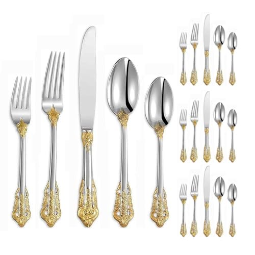 Royal Shang Youpin Vintage Geprägte Goldblume Küche Edelstahl Besteck Geschirr Besteck Besteck Set Steakmesser Gabel Löffel Teelöffel Dessertgabel (Gold-Silber,20 Stück) von Royal Shang Youpin