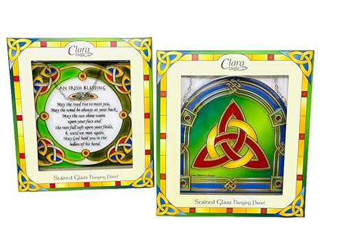 Royal Tara Buntglas-Set mit 2 Dreifaltigkeitsknoten, zum Aufhängen, irischer Segen, quadratischer Sonnenfänger, Schild, handgefertigt, Kleeblatt, Dekoration, Geburtstagsgeschenk, Einweihungsgeschenk Royal Tara Buntglas-Set mit 2 Dreifaltigkeitsknoten, zum Aufhängen, irischer Segen, quadratischer Sonnenfänger, Schild, handgefertigt, Kleeblatt, Dekoration, Geburtstagsgeschenk, Einweihungsgeschenk von Royal Tara