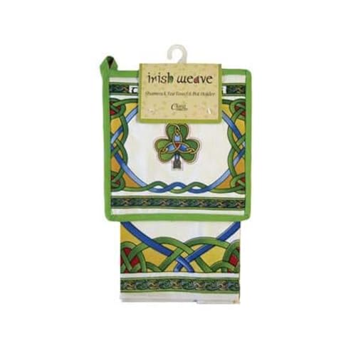 Royal Tara Irish Weave Traditionelles Set Geschirrtuch und Topflappen Küchentextil 100% Baumwolle mit Irish Shamrock Design von Carrolls Irish Gifts