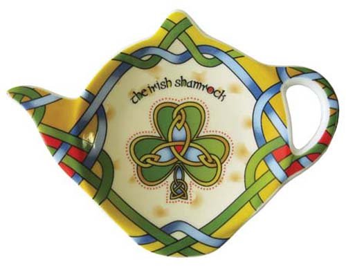 Royal Tara Keramik Teebeutelhalter Teekanne Geformte Teebeutel Platte mit Kleeblatt, Trinity Knots und Keltischen Farben von CLARA