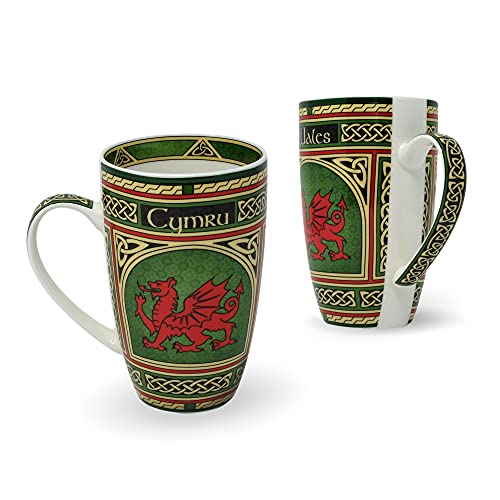 Royal Tara Wales Porzellan-Kaffeetassen – Walisischer roter Drache, Porzellantassen mit irischen keltischen Knoten, aus neuem Knochenporzellan, 400 ml, 2 Stück von Royal Tara