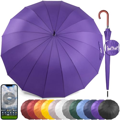 Royal Walk Groß XXL 54 inch Automatik Reise Golf Regenschirm für Damen und Herren Sturmfest Windsicher Leicht Klassisch für 2 Personen Holzgriff Wasserabweisend 16 Rippen Unisex 120cm von Royal Walk