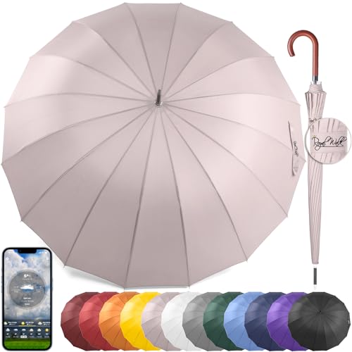 Royal Walk Groß XXL 54 inch Automatik Reise Golf Regenschirm für Damen und Herren Sturmfest Windsicher Leicht Klassisch für 2 Personen Holzgriff Wasserabweisend 16 Rippen Unisex 120cm von Royal Walk