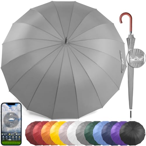 Royal Walk Groß XXL 54 inch Automatik Reise Golf Regenschirm für Damen und Herren Sturmfest Windsicher Leicht Klassisch für 2 Personen Holzgriff Wasserabweisend 16 Rippen Unisex 120cm von Royal Walk