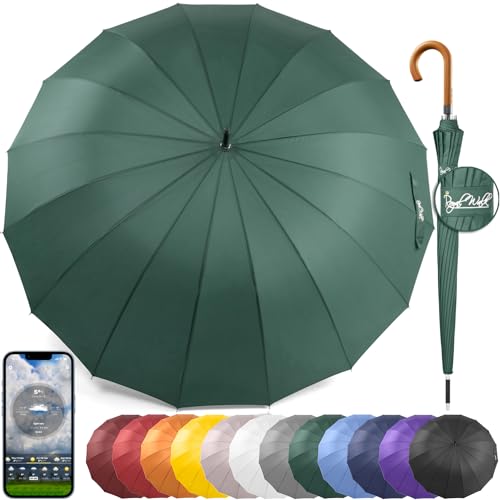 Royal Walk Groß XXL 54 inch Automatik Reise Golf Regenschirm für Damen und Herren Sturmfest Windsicher Leicht Klassisch für 2 Personen Holzgriff Wasserabweisend 16 Rippen Unisex 120cm von Royal Walk