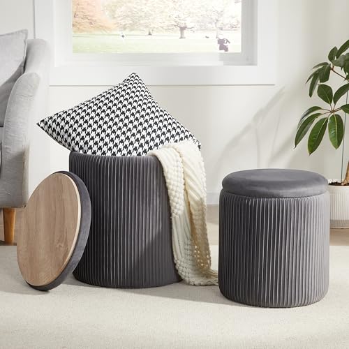 Royal Windsor Runder Ottomane mit Stauraum, 2er-Set, Schminkhocker mit Stauraum für Schlafzimmer, Ottomane, Couchtisch, kleiner Samt-Fußhocker für Wohnzimmer, Grau von Royal Windsor
