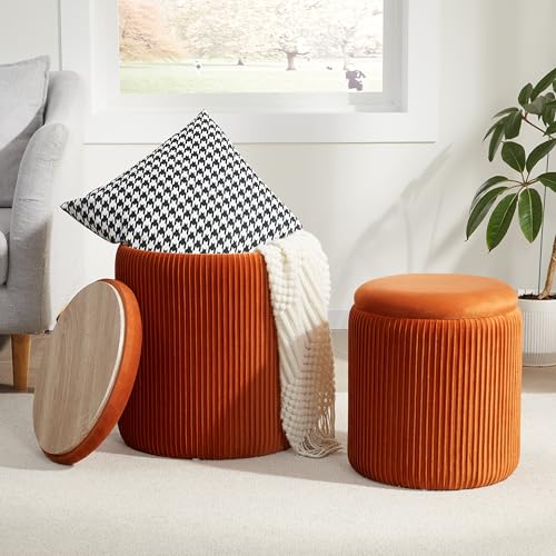 Round Ottoman with Storage Set of 2,Vanity Stool with Storage for Bedroom, Ottoman Coffee Table,Small Velvet Foot Stool for Living Room, Orange von Royal Windsor