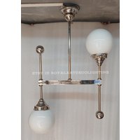 Antike Vintage Art Deco Bauhaus Alte Leuchte Decke Nickel Messing Hängeleuchte Milchglas Schirm Lampe von RoyalArtDecolighting