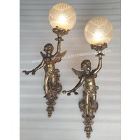Paar Vintage Jugendstil Deko Leuchte Alte Lampe Cherub Wandleuchten Messing & Glas Antik von RoyalArtDecolighting
