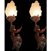 Paar Vintage Jugendstil Deko Licht Alte Lampe Meerjungfrau Wandlampen Leuchte Messing & Glaslicht Antik von RoyalArtDecolighting