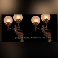 Paar Vintage Jugendstil Deko Licht Alte Lampe Messing Meerjungfrau Wandlampen Leuchte & Glasleuchte Antik von RoyalArtDecolighting