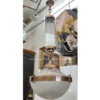 Seltene Vintage Art Deco American Dome Licht Alte Lampe Decken Hängeleuchte Messing & Kristall Glasschliff Antik von RoyalArtDecolighting