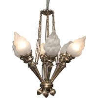 Seltene Vintage Art Deco Nouveau Mashaal 6 Licht Alte Lampe Deckenbehang Kronleuchter Befestigung Schweres Messing & Glas Antik von RoyalArtDecolighting