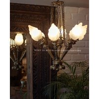 Seltene Vintage Jugendstil Mashaal 6 Licht Alte Lampe Decken Hängend Kronleuchter Vorrichtung Schweres Messing & Glaslicht Antik von RoyalArtDecolighting