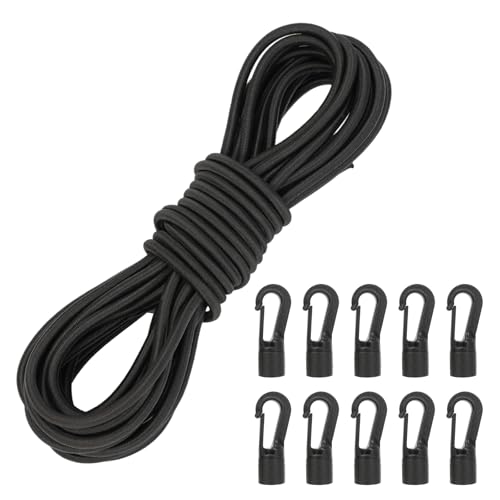 Gummiseil 6mm 10m Schwarz Expanderseil mit 10 Kunststoffhaken, Gummischnur Planenseil Spanngummi Wetterfestes Spannseil für Plane, Anhängerplane, Zelte, Camping, Segeln, Netz (6mm / 10m) von RoyalChic