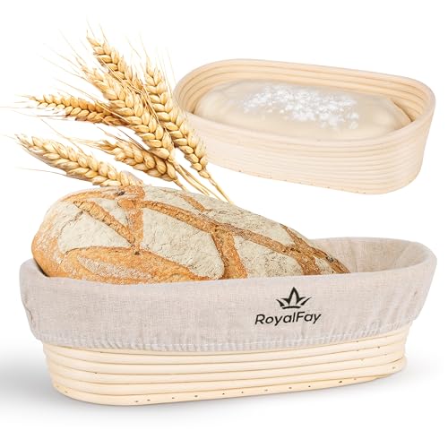 RoyalFay® Gärkörbchen oval 28 cm – Brotform aus natürlichem, atmungsaktivem Rattan für 0,5 kg Teig – inklusive Leinengärtuch – Gärkorb für Teigruhe, Sauerteig- und Brotformung von RoyalFay