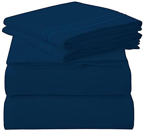 Royale Linens - 4-teiliges Kingsize-Bettlaken-Set – weiche gebürstete Mikrofaser 1800 – 1 Spannbetttuch, 1 Bettlaken, Luxus-Bettwäsche-Set für King-Size-Betten (King Size, Marineblau). von Royale Linens
